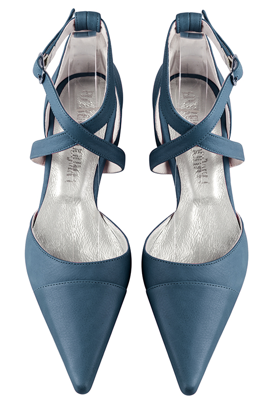 Denim blue women's open side shoes, with crossed straps. Pointed toe. Medium spool heels. Top view - Florence KOOIJMAN